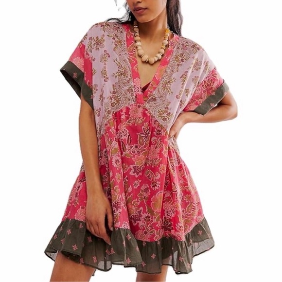 Dresses & Skirts - Women’s Floral V-Neck High-Low Dress, Red, Pink, Green & Black, Sz Small